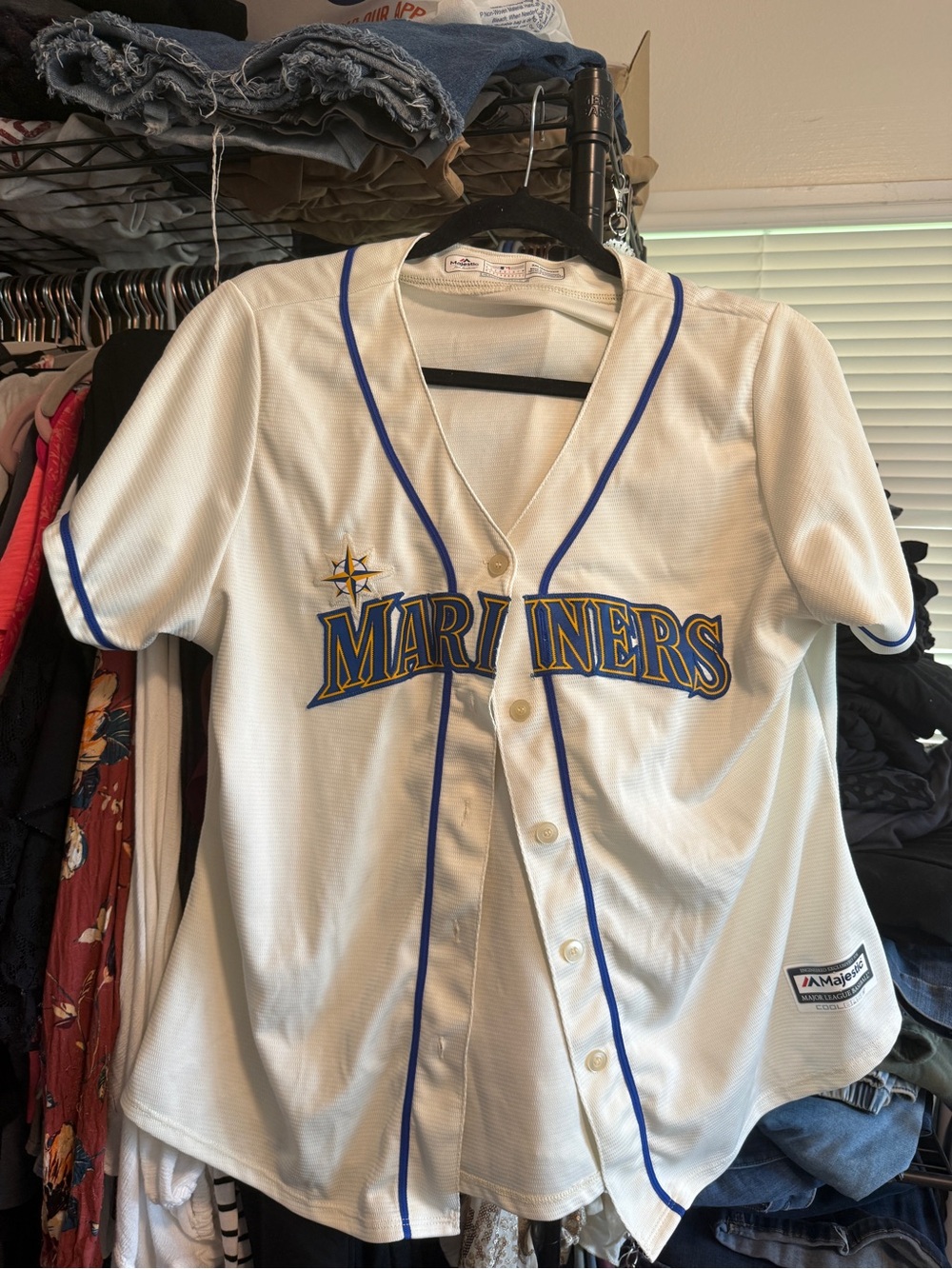 Women’s Majestic Mariners Button-Front Jersey in White and Blue